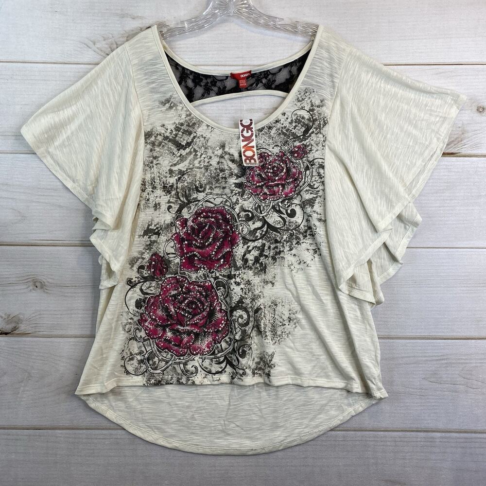 Bongo Top Womens 2X Floral Studded Bell Sleeve Open Back Lace Detail Sheer NWT